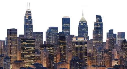 City skyline at night with lights on transparent background