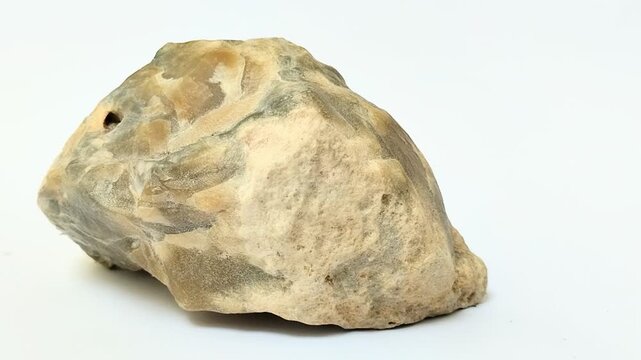 Agate on a white background. A type of microcrystalline quartz from the chalcedony group that has a layered or striped appearance with various colors and patterns.