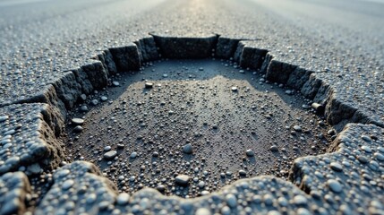 A fractured pavement reveals a granular subsurface, exhibiting a unique geometric pattern of disintegration