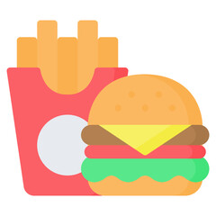 Burger and french fries icon in flat style, suitable for food delivery, fast food, and restaurant concept illustrations