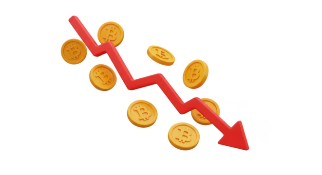 Bitcoins falling with red arrow on transparent background