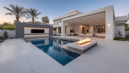 Fototapeta premium Modern home exterior with pool and fire pit