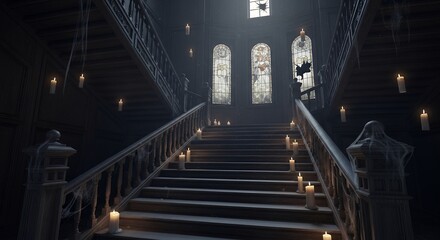 Obraz premium Grand staircase of old mansion with lit candles and cobwebs, creating eerie Halloween atmosphere. Concept for haunted house, gothic themes and historical mystery