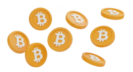 Floating bitcoins on black background on transparent background