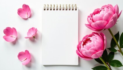 Blank notepad, pink peonies, white backdrop, feminine setting, stationery, peony, beauty