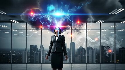 Conceptual video of a businesswoman with a cloud and lightning for a head, representing innovative - Powered by Adobe