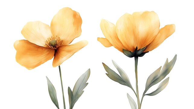 Two stylized botanical illustrations on pure white background, featuring yellow or orange-gold flowers with green stems and leaves; left flower fully visible showing petals, central pistil and stamens