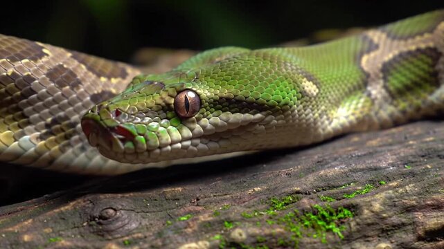 Closeup of a green tree python resting on a mossy branch in the forest