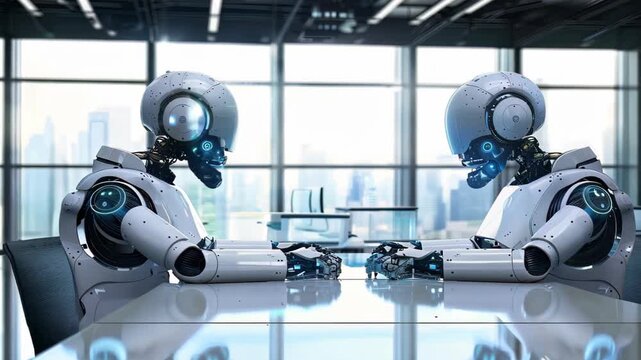 Two humanoid robots are seen in a sleek office space, engaging in an animated discussion, showcasing the blend of design and technology in modern environments.