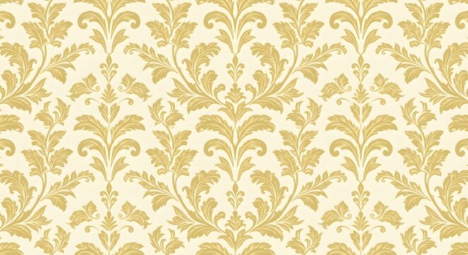 Ornate damask wallpaper with symmetrical gold leaflike foliage against a creamy background