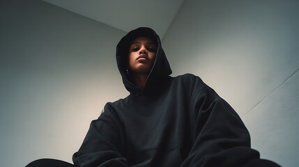 well lit black hoodie displayed flat wide layout white backdrop