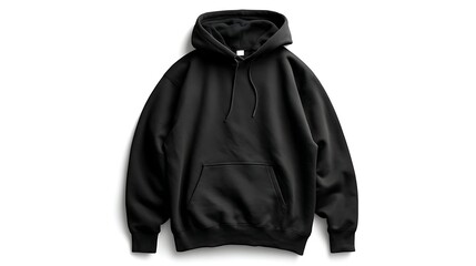 cotton hoodie in black laid flat relaxed form on bright white background