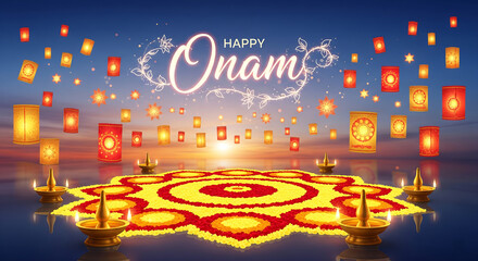  Happy Onam celebration with traditional floral rangoli, lit diyas, and floating lanterns against a twilight sky.
