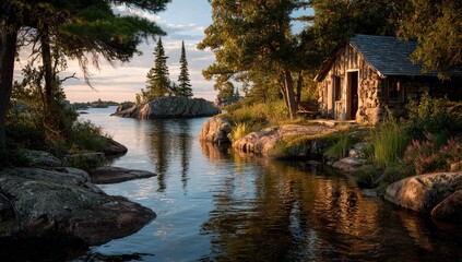 Lakeside cabin at sunset, tranquil island retreat