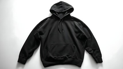 black hoodie laid flat on white surface symmetrical composition clean minimalist layout