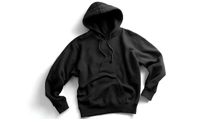 top view of black hoodie flat on white background arms slightly bent soft shadow contrast