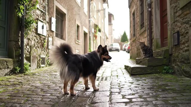 Eurasier Dog Meeting Tabby Cat in a Narrow Cobblestone Alleyway with Stone Buildings and Distant Car under Eye Level Perspective Offers a Glimpse into European Charm and Architectural Beauty