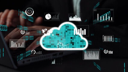 A modern digital cloud computing concept illustrates data visualization, showing various graphs and statistics, ideal for technology and business discussions. Xenic