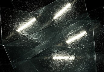 Stunning abstract textured glass panels illuminated by bright, modern light sources creating dynamic reflections