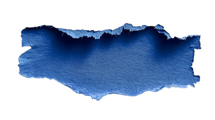 Torn blue paper piece on white background.