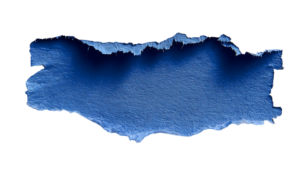 Torn blue paper piece on white background.