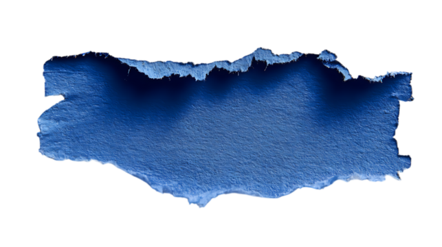 Torn blue paper piece on white background.