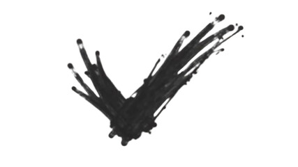 Black ink splash in check mark shape with dynamic splatter effect on transparent background, artistic and bold design element