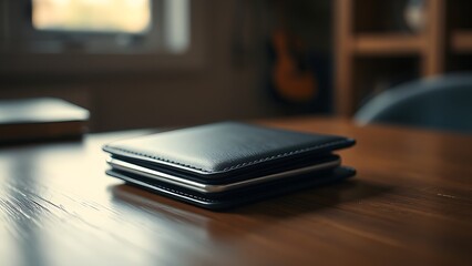 A sleek wallet lies on a wooden surface, highlighted by warm ambient lighting in a minimalist setting.