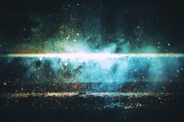 Cosmic landscape with vibrant light streaks