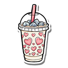 Cute hand-drawn illustration of an iced drink cup decorated with pink hearts and a straw. Perfect for summer, cafe designs, love-themed projects, stickers, and playful graphics.