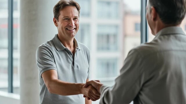 Two smiling men shaking hands in a modern office setting, symbolizing agreement and successful partnership