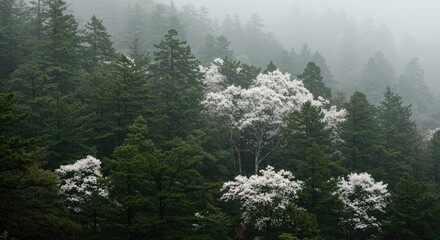 Misty mountain forest with flowering trees