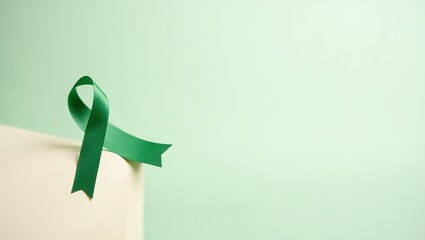 Emerald green ribbon on a box for lymphoma awareness and organ donation