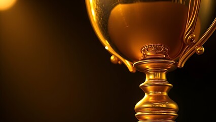 Close-up of a golden trophy with polished metal reflecting warm spotlight, standing out against darkness.