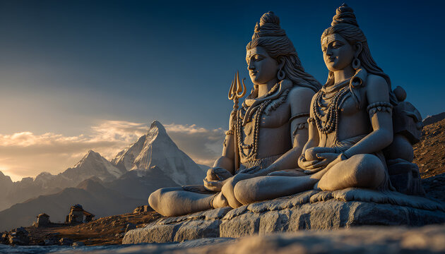 Hindu god Shiva or shiv with Parvati meditating on Mount Kailash in the Himalayas