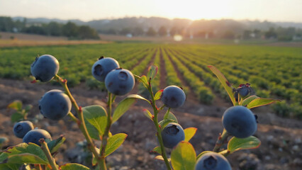 Blueberries swaying in breeze, surrounded by green farm background. Ai generated.