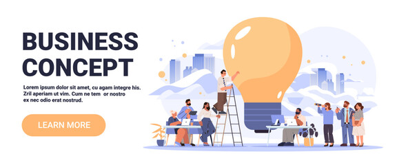 Business concept teamwork creative idea people collaborating giant light bulb city background office workspace modern website banner