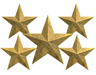 A set of horizontal metallic golden stars isolated on transparent background.