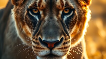 Fototapeta premium Lioness with a focused gaze, showcasing detailed fur under warm savanna sunlight.