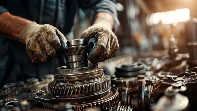 Mechanic Hands and Machinery: A close-up shot of a mechanic's hands expertly working on a complex engine component, highlighting the detail of the gears and machinery.