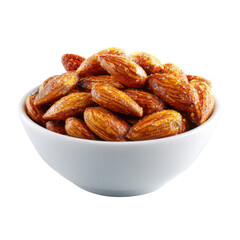 Fototapeta premium Crunchy roasted almonds in white bowl, perfect for snacking or adding to dishes. These flavorful nuts are healthy choice for any occasion, providing satisfying crunch and rich taste