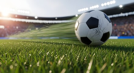 Dynamic Kick - Soccer Ball Speeds Across a Sunlit Stadium Field at Ground Level.