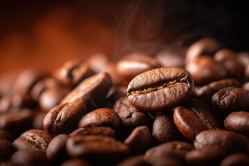Close-up of roasted coffee beans, steam rising