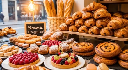 Parisian Bakery Window Display: Assortment of Pastries and Breads