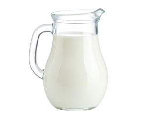 A glass jug full of whole cream cow milk isolated on transparent background.