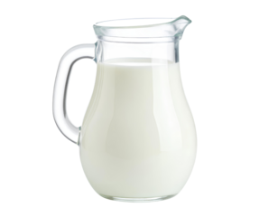 A glass jug full of whole cream cow milk isolated on transparent background.