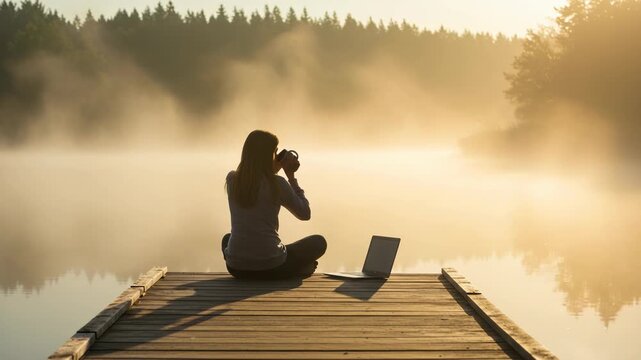 Woman working on laptop with coffee on a wooden dock by a misty lake at sunrise, enjoying the peaceful morning atmosphere