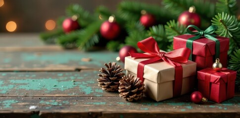 Assorted gift boxes, pine cones, ornaments, rustic wood table, wood, holiday table, gift boxes