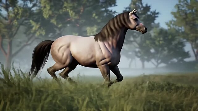 Magnificent Gray Horse Galloping in a Misty Field Side View With Flowing Dark Mane And Tail Perfect for Decoration and Enhancing the Graceful Motion of the Animal and Nature Documentaries