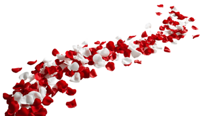 Trail of scattered red and white rose petals isolated on white background. 